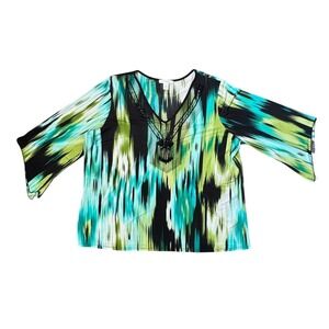 Dressbarn Woman 2X Abstract Print Beaded V Neck 3/4 Sleeve Top Made in USA